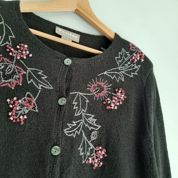 TANJAY / Floral Embroidered Button Down Fine Knit Cardigan Sweater Black Sz M P - Picture 5 of 15